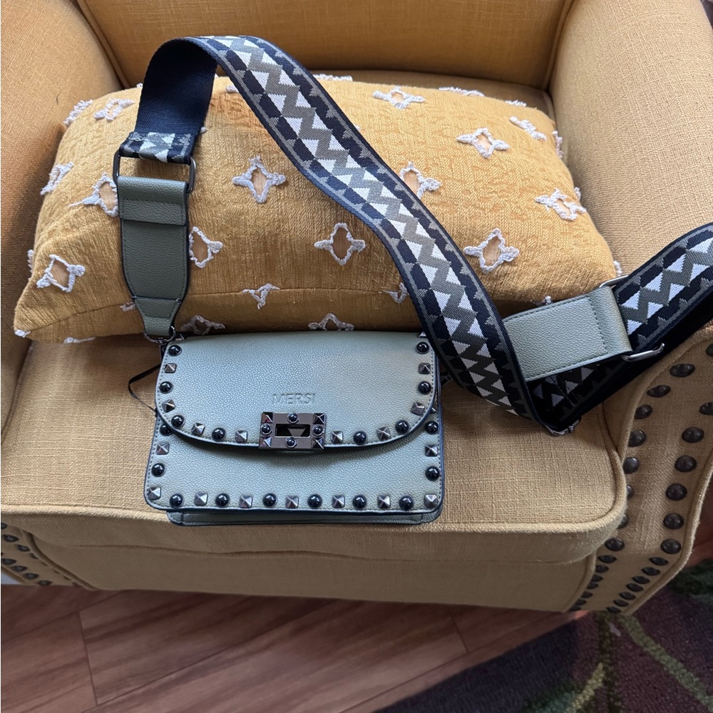 Studded Leather Crossbody Bag in Sage Green with Patterned Strap